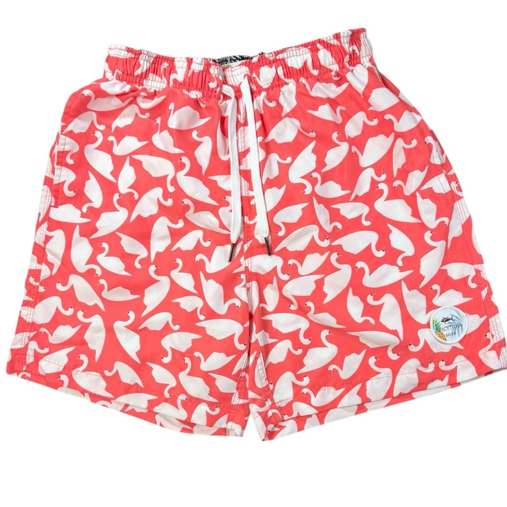 Spicy Tuna Small Men's Coral and White Swan Print Swim Shorts
